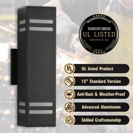 Cerdeco Aluminum Modern Outdoor Wall Light,15" Exterior Up Down Wall Sconce Light Fixture Sand Textured Black with 3-Sided Frosted Glasses [UL Listed]