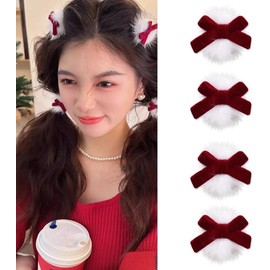 Fluffy Christmas Hair Clips for Women Small Hair Bow Clips for Girls Mini Festival Hair Clips Bowknot Hair Barrettes Tiny Hair Braid Clips Prom New Years Hair Bow Accessories Decorative Side Hair Clip (Red, One size)