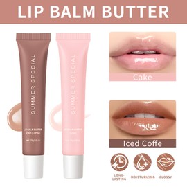 2 Pcs Summer Lip Butter Balm Tinted Lip Balm for Dry Lips, Moisturising Lip Care with Nourishing Oil, Lightweight Non-Greasy Lip Treatment for Hydration and Shine, Soothing Lip Balm for Women