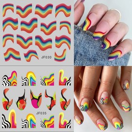 12 Designs Abstract French Tips Nail Art Sticker Colorful Wave Stripe Nail Decals Rainbow Geometric Abstract Line Pattern Water Transfer Nail Slider Foils Decals for Nail Decoration Supplies