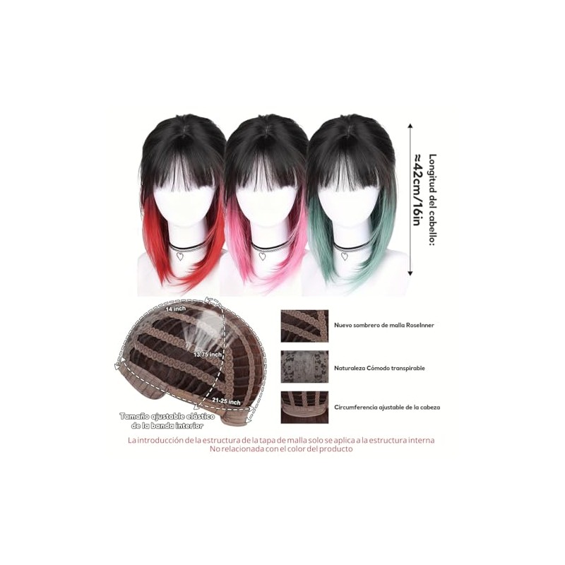 Pelucas Corta Mujer, Peluca con Fleco y Mechas, Cabello Sintético