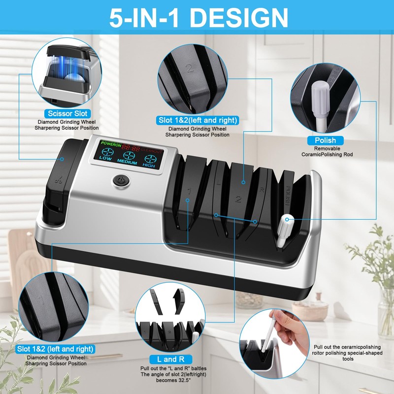 Upgrade 5 in 1 Electric Knife Sharpener, Professional 3-Stage with