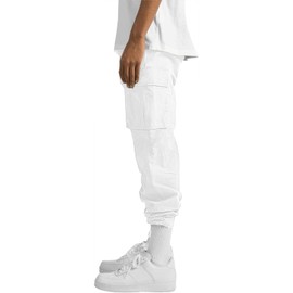 HUNGSON Mens Cargo Pants Drawstring Casual Hiking Pants Joggers Athletic Trousers Cotton Loose Straight Sweatpants for Men White