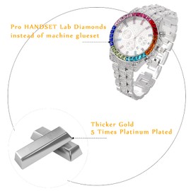 HALUKAKAH Multicolor Diamonds Gold Watch Iced Out,Men's Platinum White Gold Plated 40MM Width White Dial Quartz Wristband 21cm,Free Giftbox
