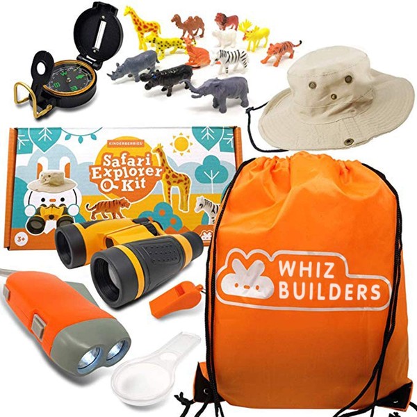 WhizBuilders Outdoor Kids Adventure Kit - Explorer Kit with Binoculars, Animal Figurines, Flashlight, Safari Hat, Magnifying Glass, Compass, Camping Toys for Boys & Girls Age 3-12 Year Old