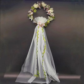 Flower Crown for Women with Bridal Veil, Adjustable Hair Accessories Headband Hair Wreath Wand for Wedding Handmade Hairbands Headpiece Floral Crown for Girls (White Purple, Adjustable)