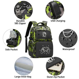 Pawsky Luminous Backpack School Backpack with USB Charging Port for Teen Boys, College School Bookbag Lightweight Laptop Bag with Sling Bag Set, Green