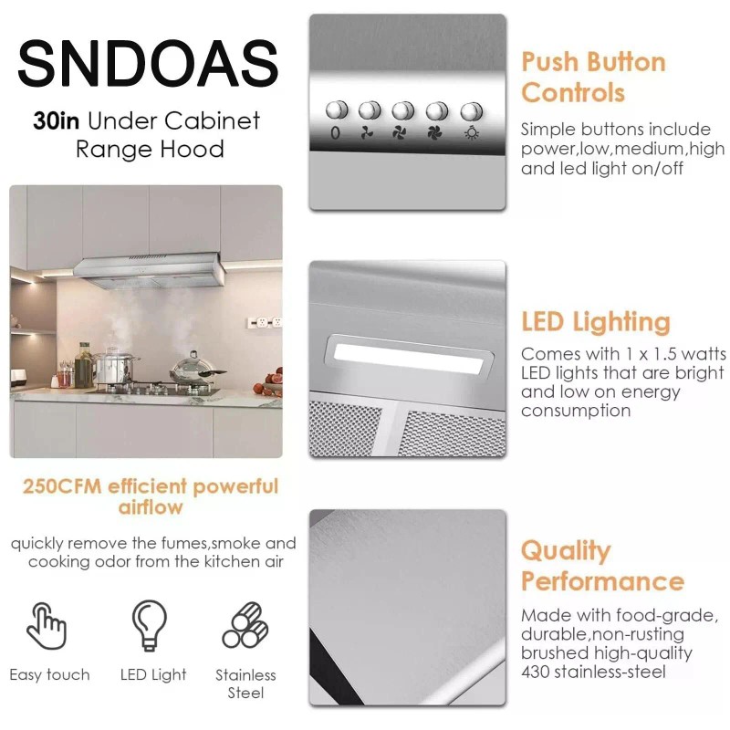 30-Inch Stainless Steel Under-Cabinet Range Hood 250 CFM Kitchen Stove