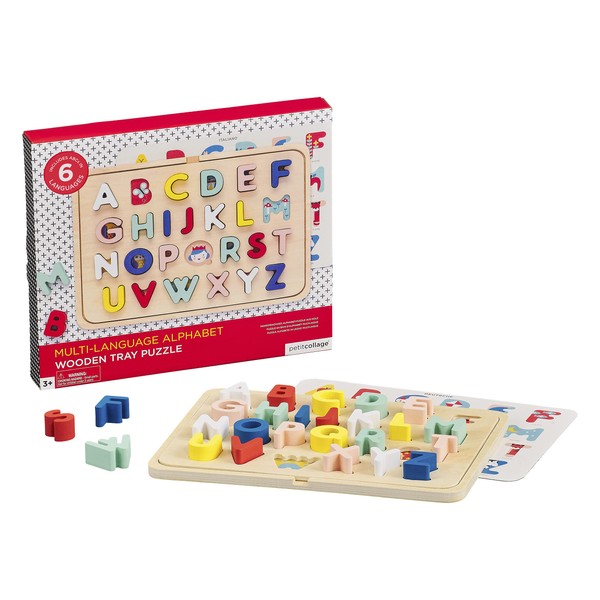 Petit Collage Multi-Language Alphabet Wooden Jigsaw Tray Puzzle – ABC Puzzle with 26 Letter Pieces and 4 Icon Sheets, Language Development Toys in English, French, Italian & German, Ideal for Ages 3+