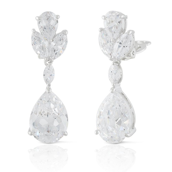 JanKuo Jewelry Silver Plated Cubic Zirconia Dangling Clip On Earrings