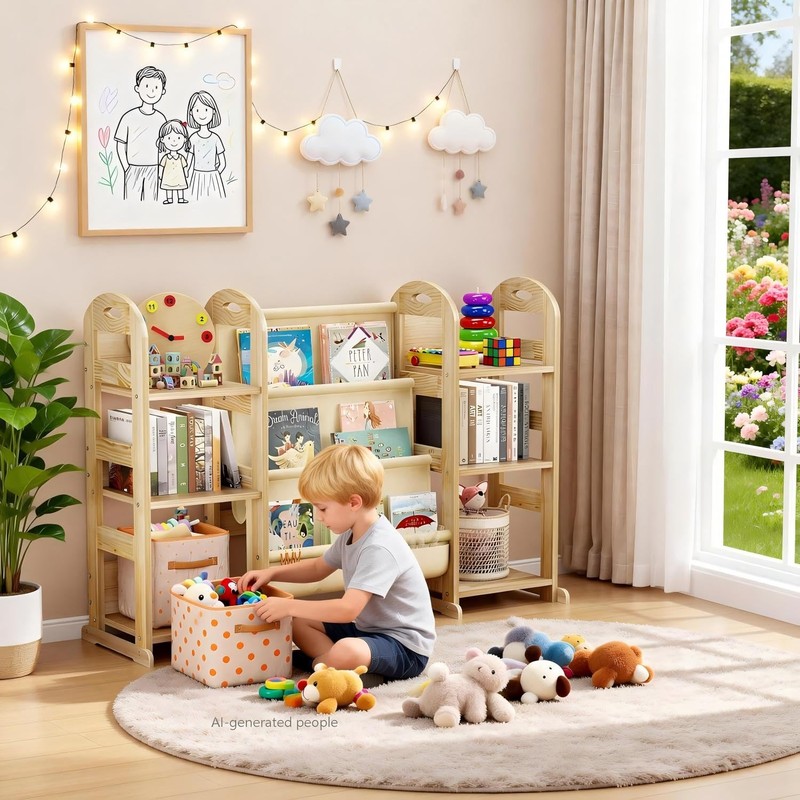 Kids Bookshelf and Toy Storage Organizer, Wood Book Shelf for