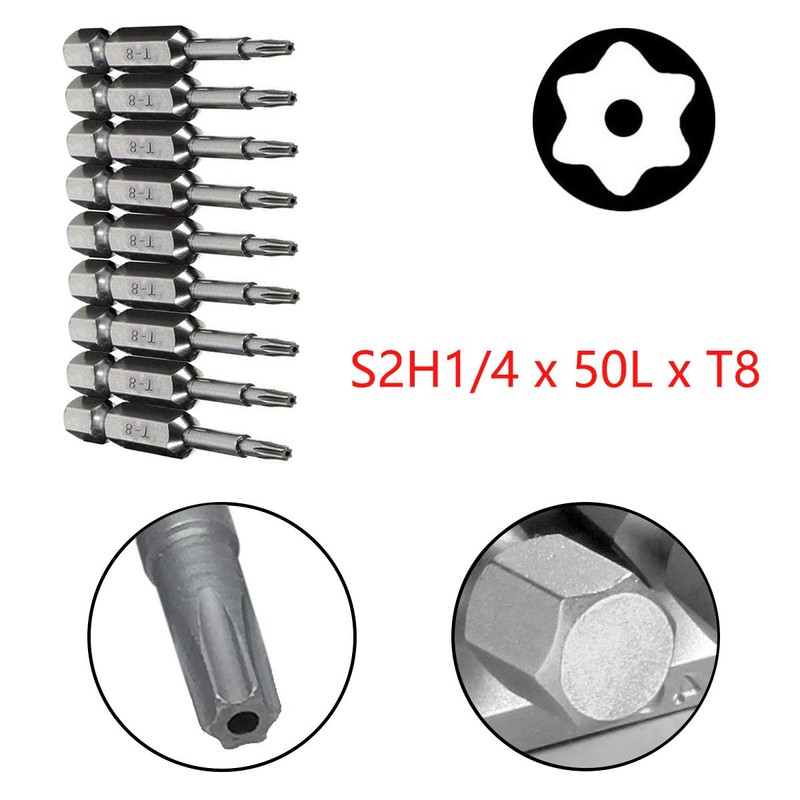 COMOK 10pcs 50mm Long 1/4 Inch Hex Shank T8 Torx