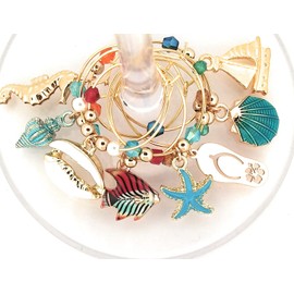 Beach Wine Charms For Beach Lovers, Beach Gifts, Nautical Glass Identifiers, Shell Glass Tags, Starfish, Boat, Flip Flops, and Fish Glass Markers, 8 wine Charms