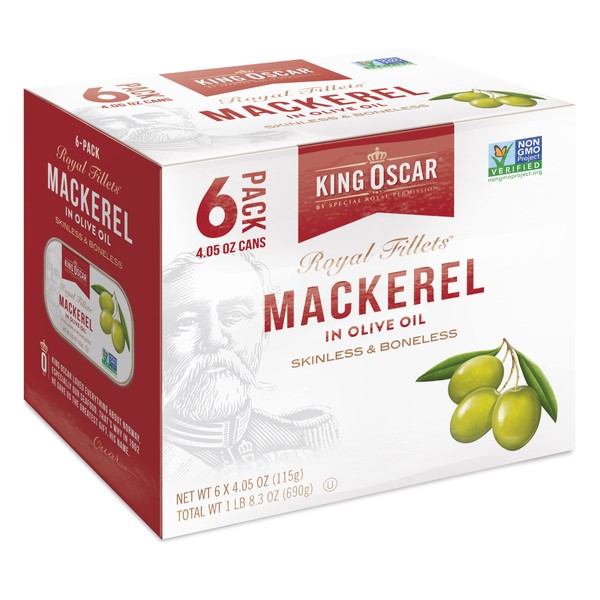 King Oscar Skinless & Boneless Mackerel Fillets Cluster Pack in Olive Oil, 4.05-Ounce Cans (Pack of 6)