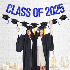 FHGG Pre Strung Graduation Decorations Class of 2025 Banner Blue Glitter College Banners Party Congrats Grad with Tassel Decor High Favors NO DIY for Supplies School Home Car Decorations