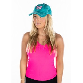 Funky Junque Women's Distressed Beach Baseball Cap with Embroidered Bad Hair Day or Happy Camper Patch - Butterfly Hearts - Turquoise
