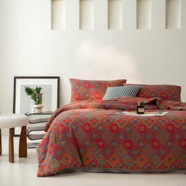 Purefair 100% Cotton Muslin Jacquard Comforter Set, Rustic Farmhouse Floral Print, Soft Lightweight Reversible 3 Piece Bedding Sets for All Season, Red, King(104"x90")