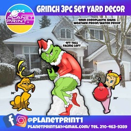 4ft Facing Left Grinch yard Lawn Signs Set 3 pcs Max & Cindy Included!
