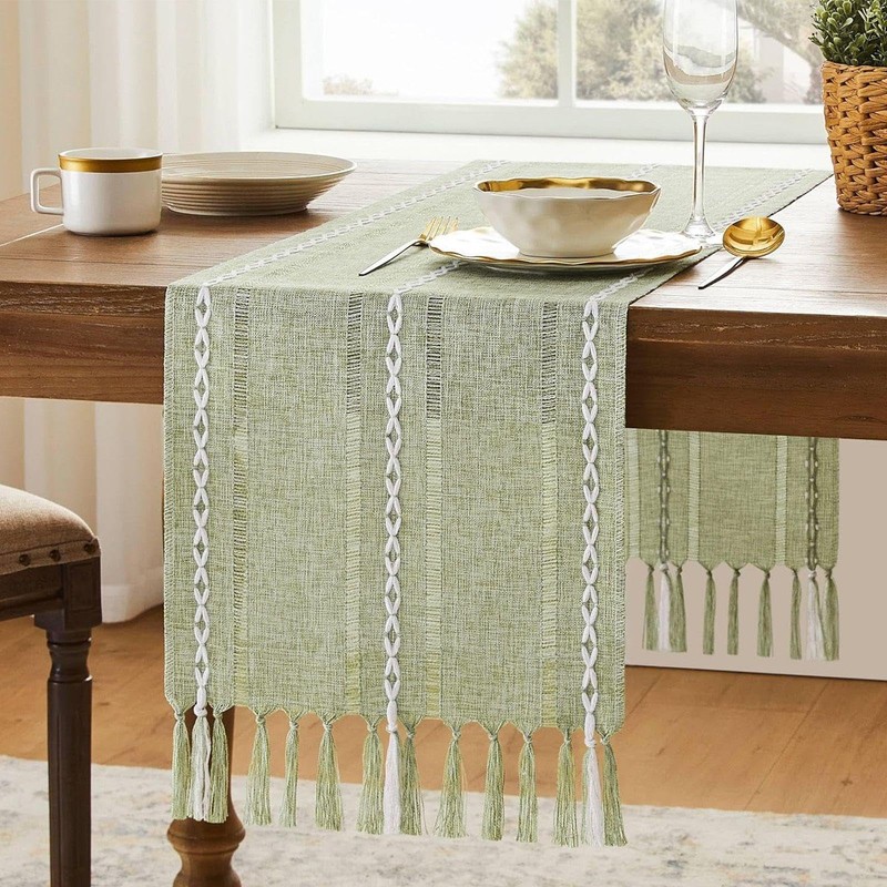 1 Green Table Runner, Linen Table Runner, Hollow Tassel Table