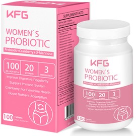 KFG Women's Probiotic, 100 Billion CFUs, 20 Strains, with Organic Prebiotics+Cranberry & D-Mannose, for Boost Immune, Digestive, Gut, Vaginal & Urinary Health, Gluten Dairy & Soy Free, 100 Tablets.