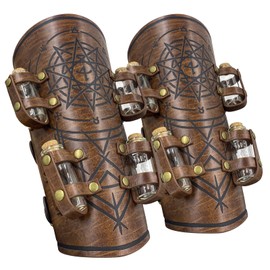 Jeilwiy Medieval Bracers with 8 Cork Vials, Embossed Leather Bracers Faux Leather Arm Guards Magic Archer Gauntlets Adjustable Buckle-Brown