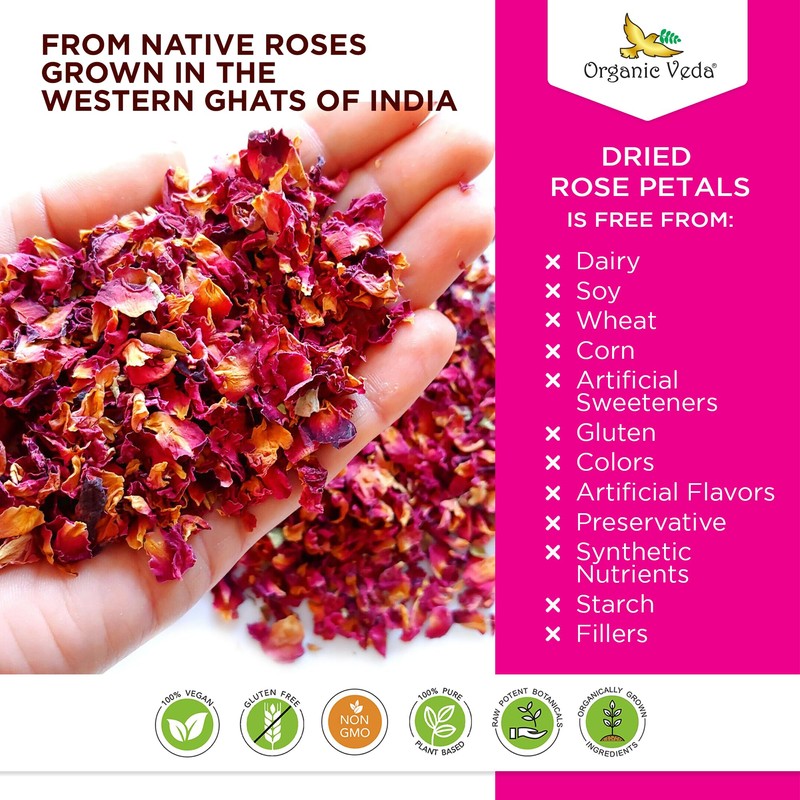 Organic Veda Dried Rose Petals, 4 oz - 100% Organic