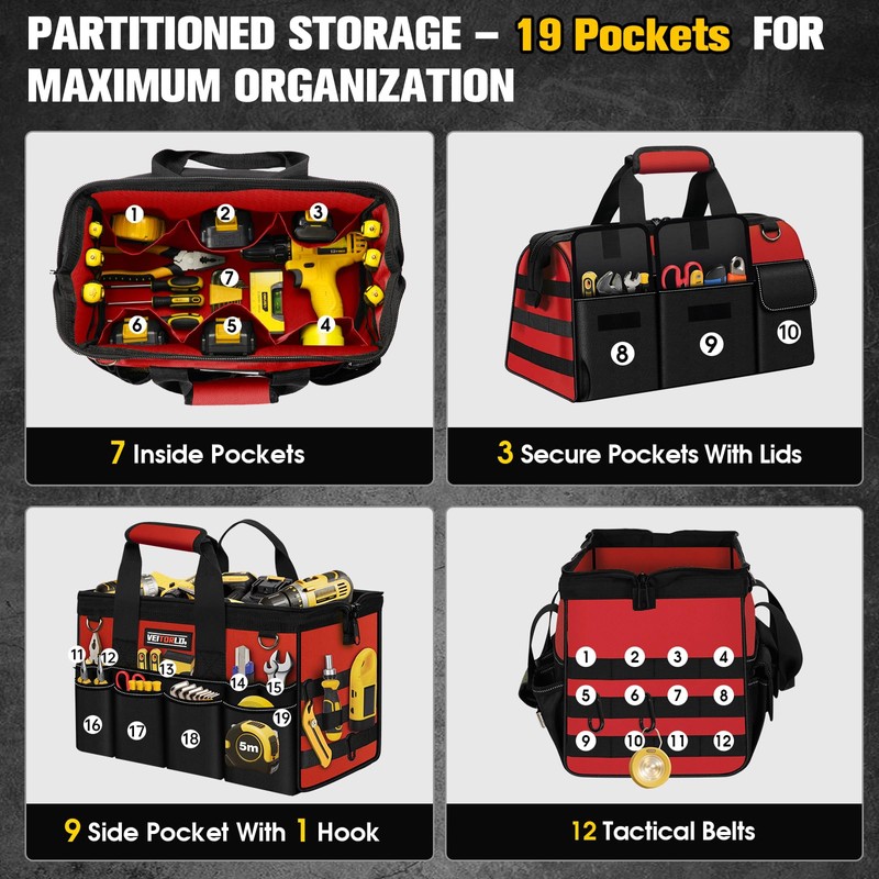16-Inch Heavy Duty Tool Bag, 19-Pockets Tool Box Organizer, Portable