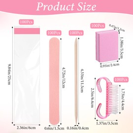 100 Sets Disposable Manicure Kit Basics 4 Piece Nail Kit for Travel, Handle Grip Brush, Mini Nail Buffer Nail File and Wood Stick for Gifts Salon Home Professional (Pink)