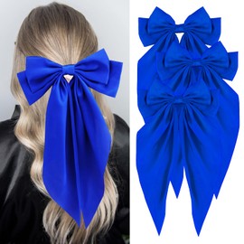 Loqpol 3 PCS Silky Satin Hair Bows, Oversized Long Tail Bows with Barrette Clips, Coquette Hair Accessories for Women and Girls (Royal Blue)