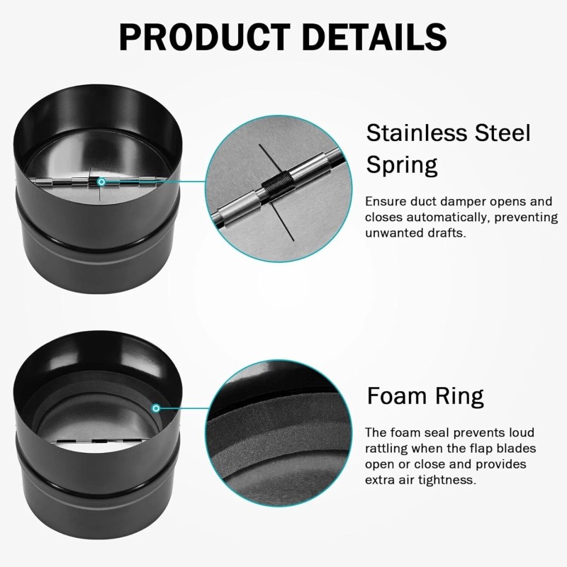 JJ Black 6 in Backdraft Damper Insert Backflow Preventer Inline