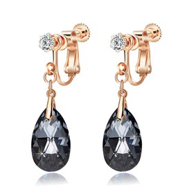 Teardrop Austrian Crystal Drop Clip On Dangle Earrings for Women Non Pierced 14K Rose Gold Plated Hypoallergenic Jewelry (Black)