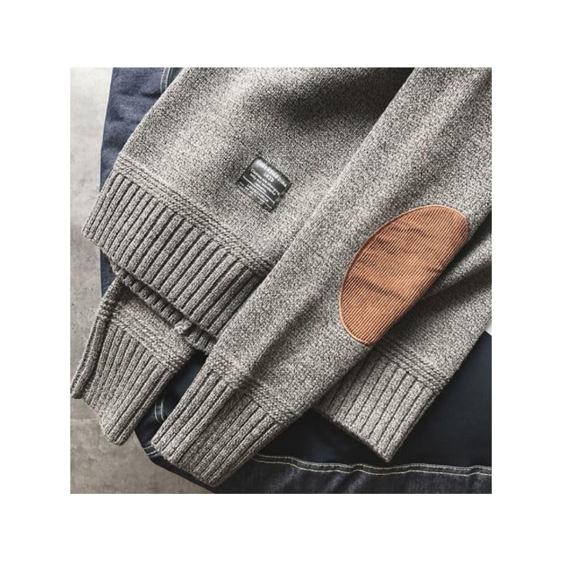 Aspersio Men's Elbow Patch, Loose Knit, Round Neck, Sweater, Long