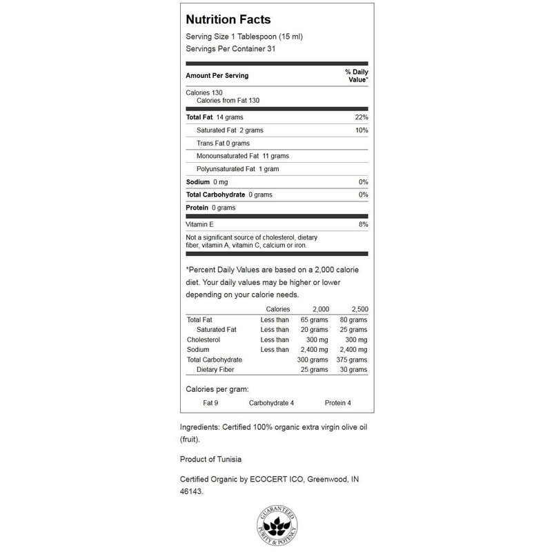 Swanson Certified 100% Organic Extra Virgin Olive Oil Cold Pressed