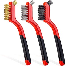 Wire Brush Set 3Pcs - Nylon/Brass/Stainless Steel Bristles with Curved Handle Grip for Rust, Dirt & Paint Scrubbing with Deep Cleaning – 7 Inches (Red)