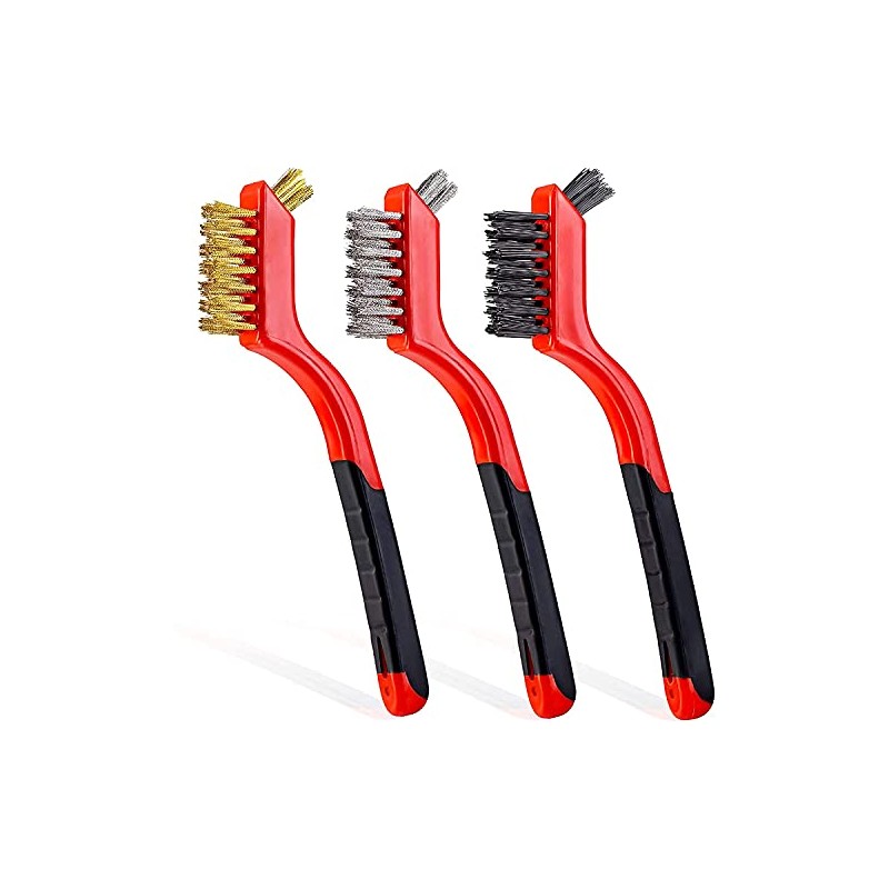 Wire Brush Set 3Pcs - Nylon/Brass/Stainless Steel Bristles with Curved