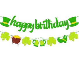 St Patrick’s Day Birthday Banner Lucky Happy Birthday Decoration Green Four Leaf Clover Garland Shamrock Day Irish Themed Boys Girls Men Women Bday Baby Shower Anniversary Celebration Party Supplies