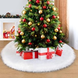 White Faux Fur Christmas Tree Skirt for Holiday Decorating – Soft Plush Tree Base Cover for Cozy Winter Home Décor