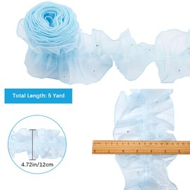 GORGECRAFT 5 Yards Ruffled Lace Trims Organza Tulle Pleated Lace Edge Fabric Trim 4.72 Inch Width Light Sky Blue Retro Chiffon Trimmings Ribbon Pearl Beads Applique Border for Sewing Dress DIY Crafts
