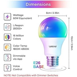 Linkind - Bombillas inteligentes de 1 paquete, bombillas que cambian de color, funcionan con Alexa y Google Home, foco inteligente WiFi de 800 lm,