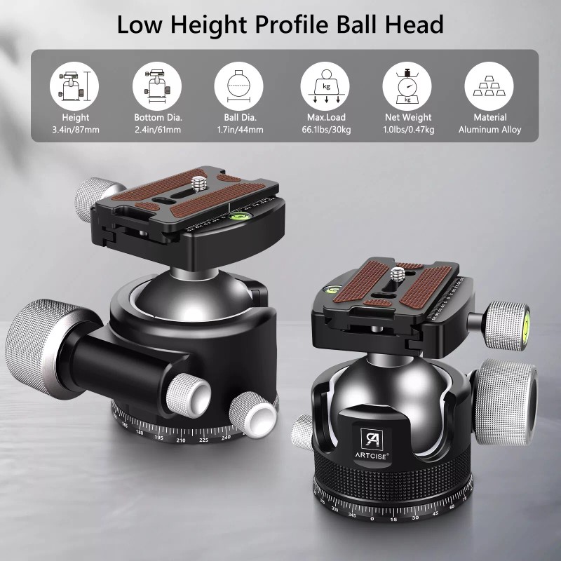 ARTCISE 44mm Low Profile Ball Head All Metal CNC Tripod
