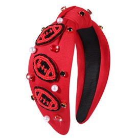 JERTOCLE - Diademas anudadas de fútbol para mujer, diadema deportiva con perlas de vidrio Bejeweled con nudo de la parte superior ancha, accesorios para el cabello para el día del juego (rojo y negro3)
