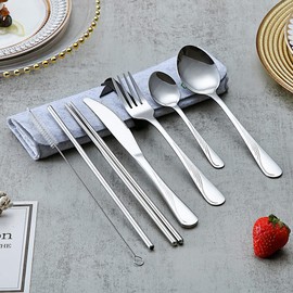 Evanda Portable Utensils, Travel Camping Cutlery Set, Stainless Steel Flatware Set Travel Silverware Dinnerware Set with a Portable Case (Silver)