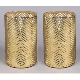 Unbranded Vase Mercury Glass Cylinder Speckled Gold Chevron Pattern 5"Dia 8.25"High Set/2
