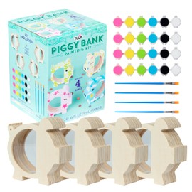 Tulip Paintable Wood Piggy Bank Paint Set, Craft Kit, 4 Piggy Banks, 4 Paint Brushes, 24 Paints