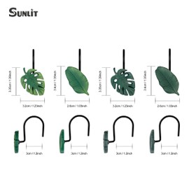 Tropical Leaf Decorative Shower Curtain Hooks, Green Botanical Shower Curtain Rings with Black Hooks, Resin, Monstera Deliciosa Strelitzia Reginae Leaves Shower Curtain Hangers for Bathroom, Set of 12