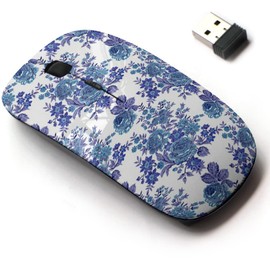 2.4G Wireless Mouse with Cute Pattern Design for All Laptops and Desktops with Nano Receiver - Blue Embroidered Floral
