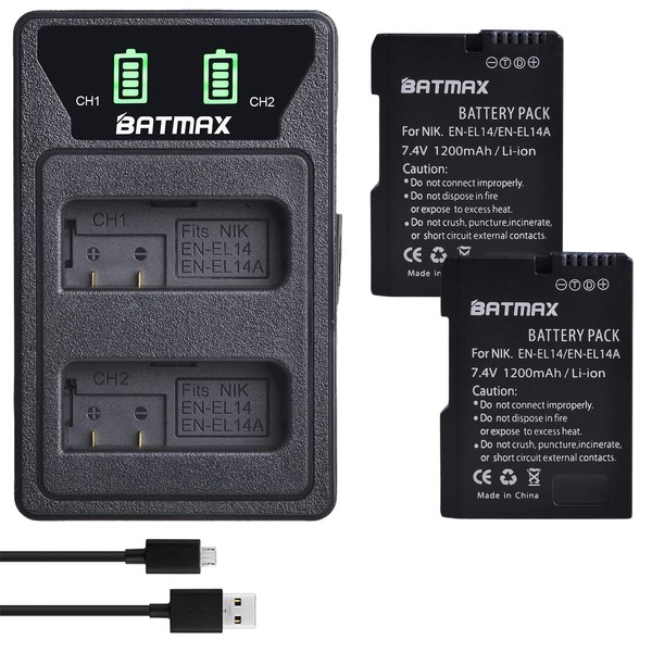 Batmax EN-EL14 EN-EL14a Battery (2-Pack) and Compact LCD USB Dual