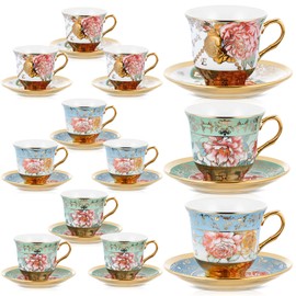 Teenyyou Tea Cups and Saucers Set of 12 Tea Party Decorations Floral Porcelain British Tea Set Gift for Christmas, Church, Women Birthday Party and Mother's Day