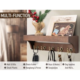 Rebee Vision Farmhouse Key Holder for Wall - Decorative Wooden Mail Organizer with 5 Rustic Key Hooks and Floating Shelf for Home Decor, Hallway, Entryway, Appartment ( Retro Brown )