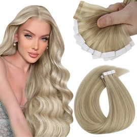 Sunny Hair Tape in Hair Extensions Human Hair Invisible Tape in Hair Extensions 10Pcs Tape in Extensions Real Human Hair Straight Hair Extensions for Women 20 inch Highlight Blonde with Golden Blonde